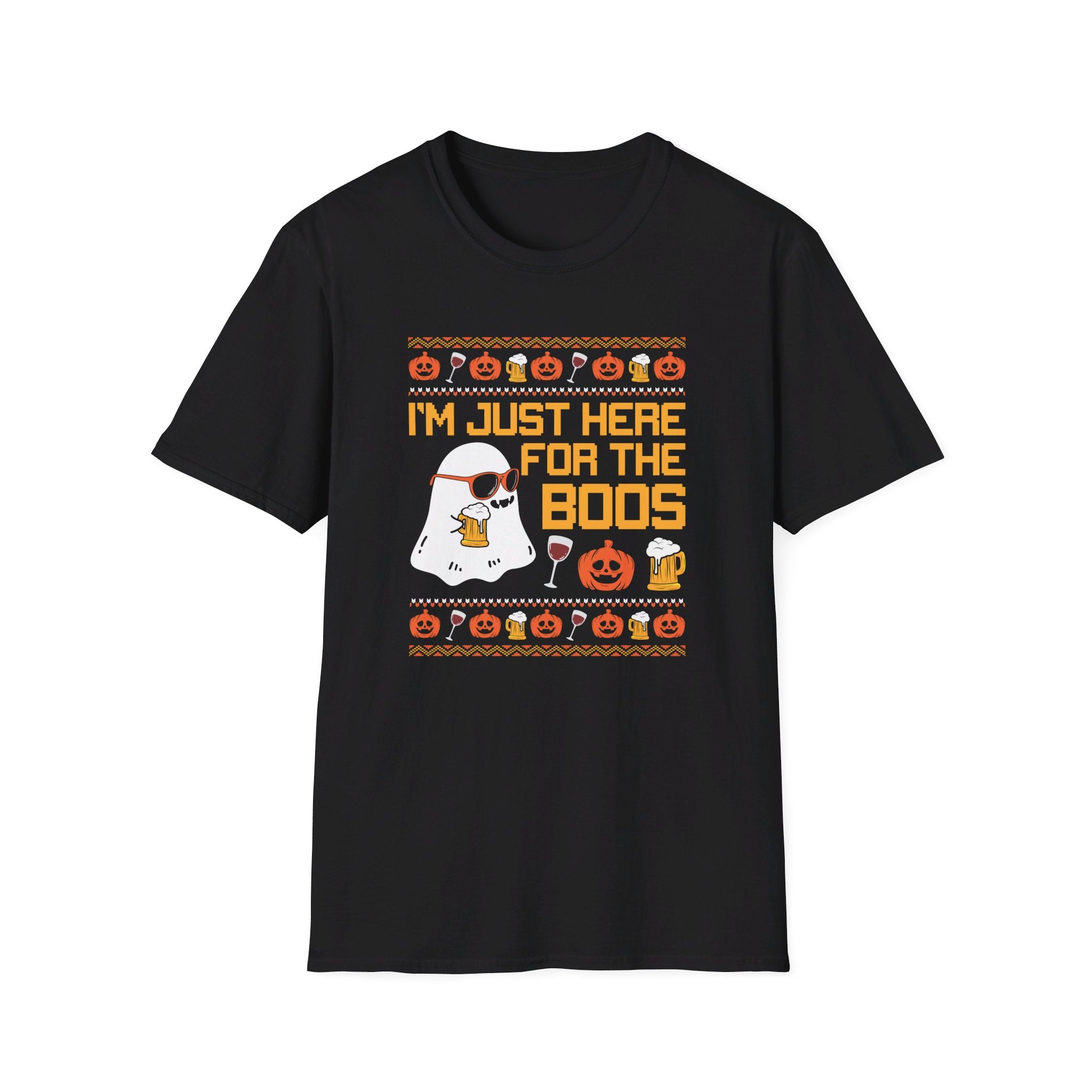 Black t-shirt featuring a playful ghost graphic holding a beer with the phrase 'I'm Just Here For The Boos,' perfect for Halloween and festive occasions.