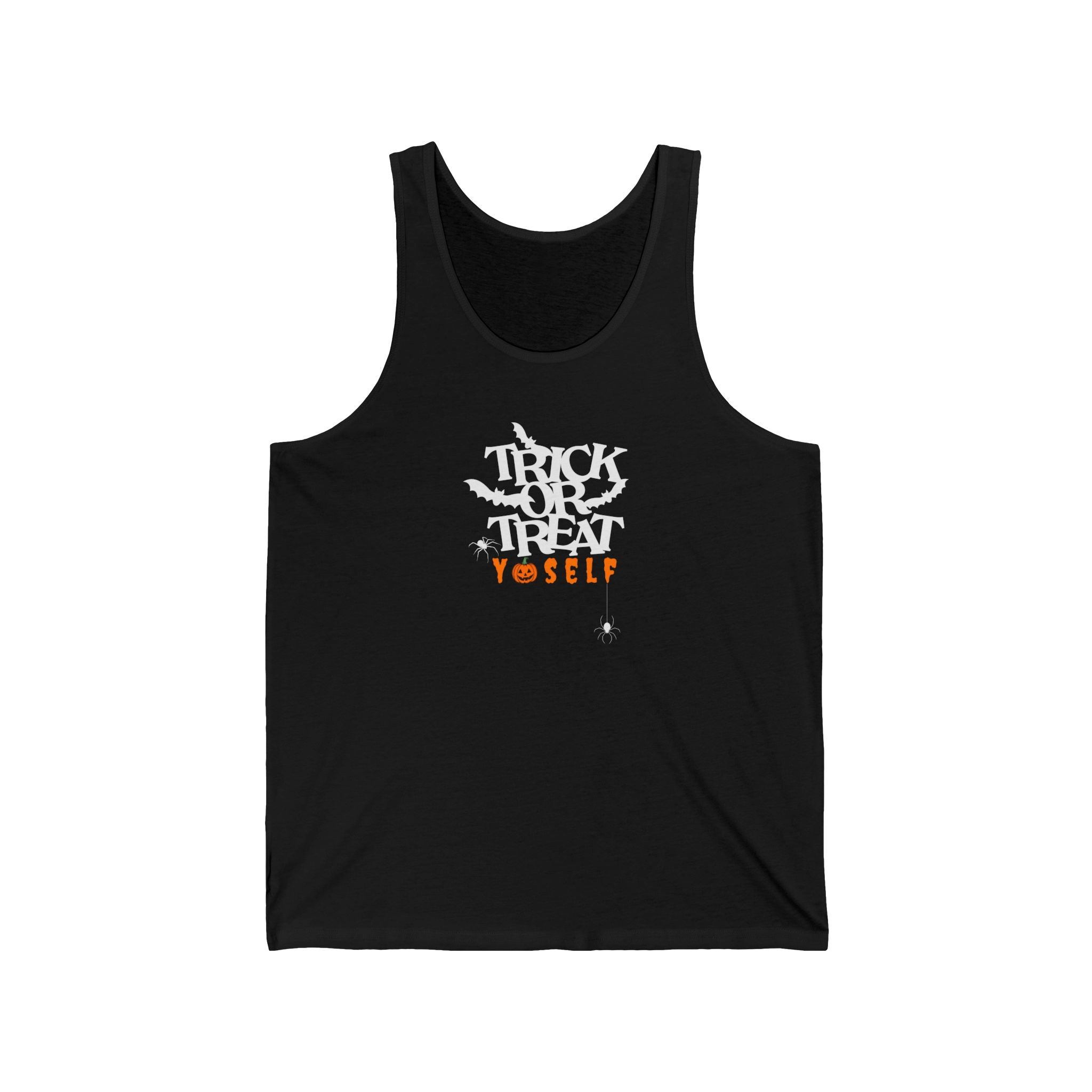 A black tank top featuring the phrase "Trick or Treat Yoself" with playful Halloween-themed elements like bats, spiders, and pumpkins, ideal for a spooky yet fun look.