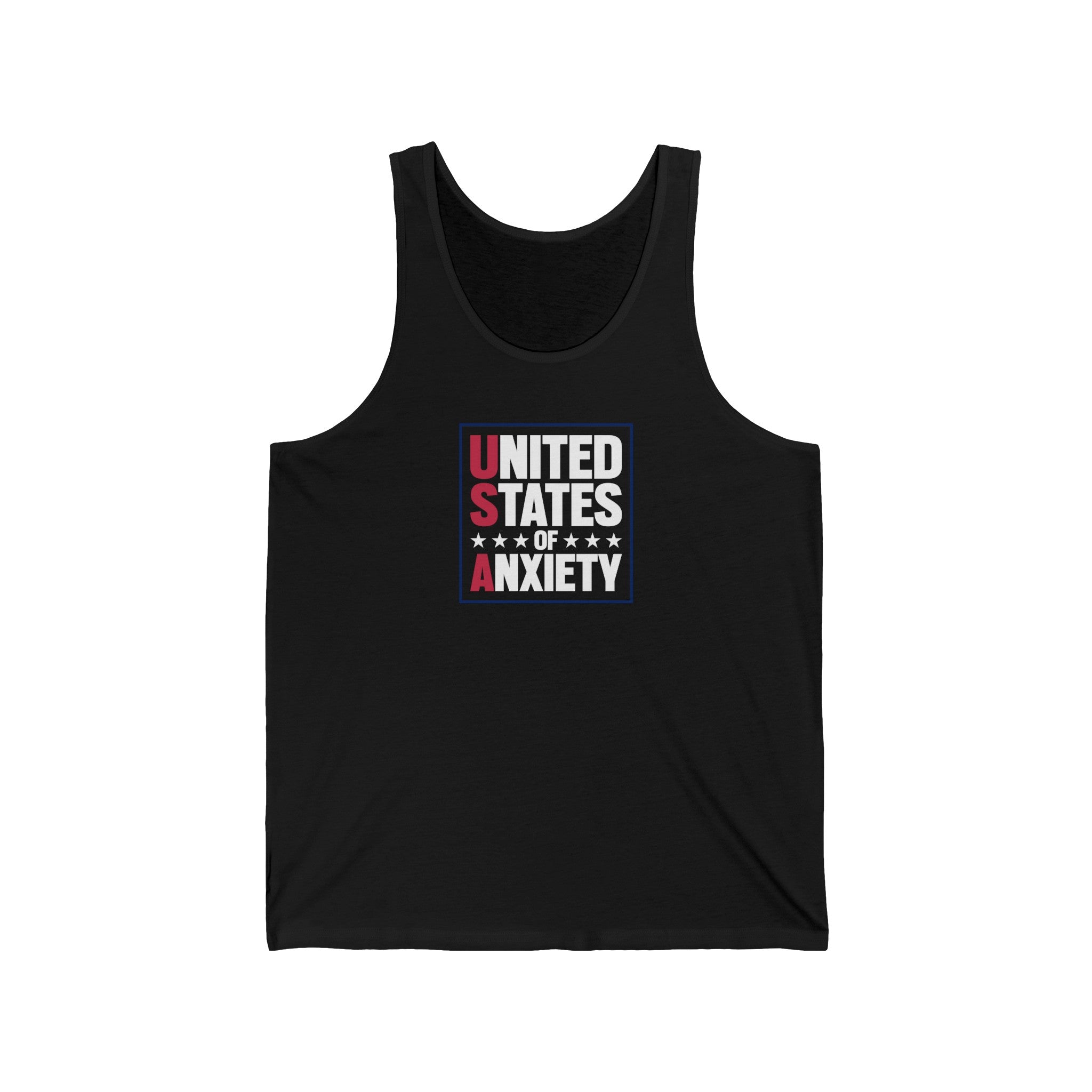 Black tank top featuring a graphic with the text 'United States of Anxiety' in a bold, creative font, symbolizing modern life and mental health awareness.