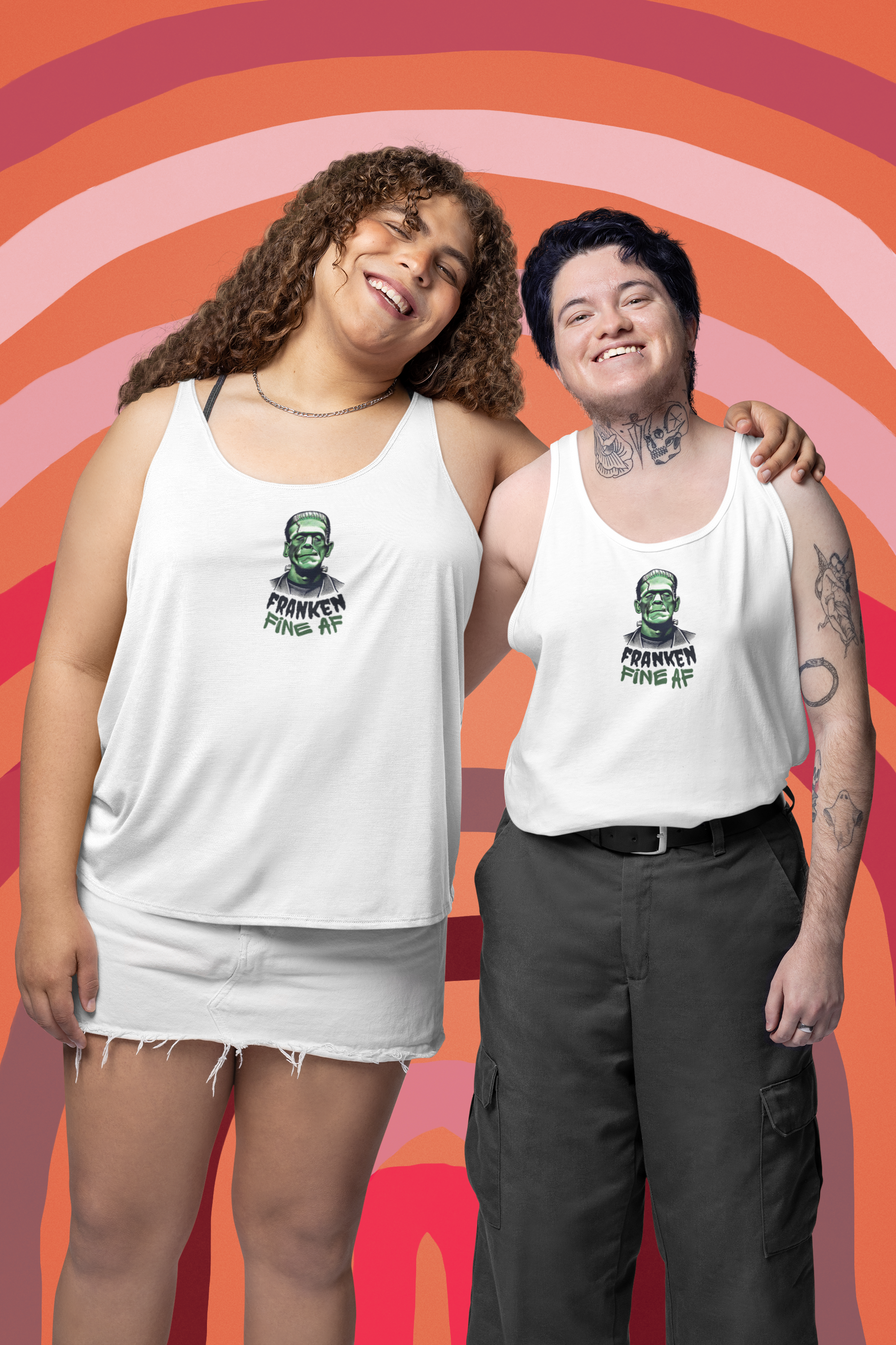 A white tank top featuring a graphic of Frankenstein's head with the phrase "Franken Fine AF" in bold, black and green lettering