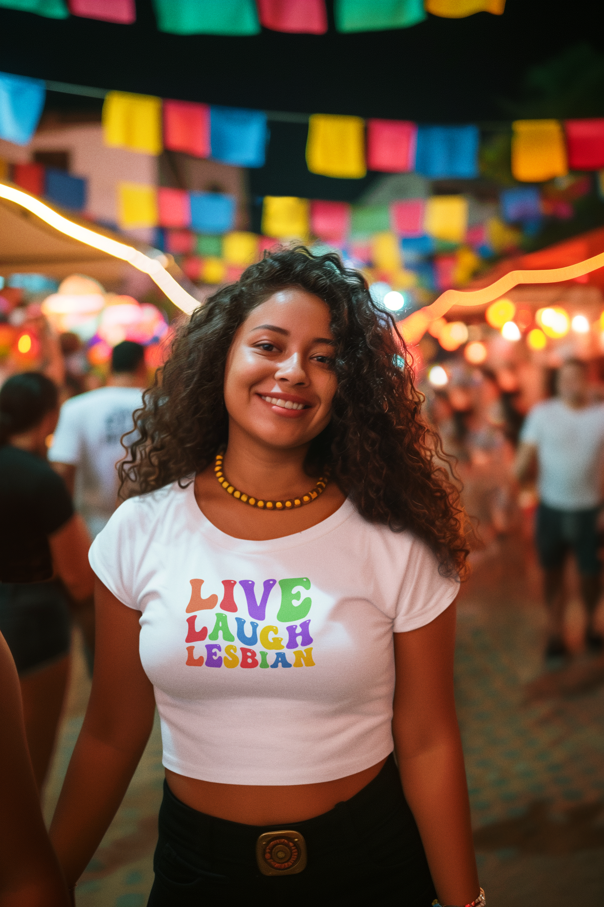 White crop top featuring the phrase 'LIVE LAUGH LESBIAN' in bright, colorful letters, perfect for expressing LGBTQ+ pride and positivity.