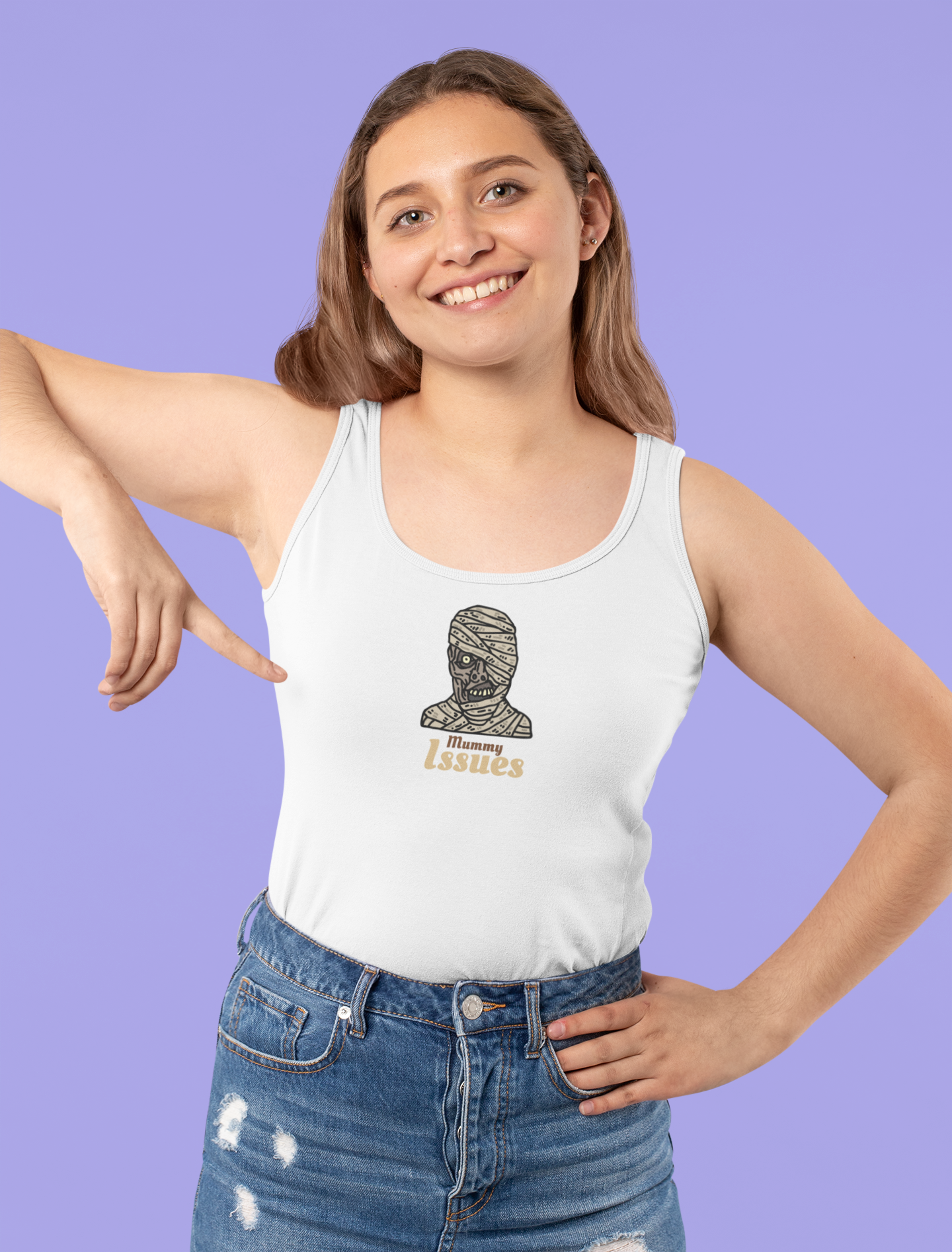 White tank top with a mummy graphic and 'Mummy Issues' text, combining spooky humor with casual comfort.