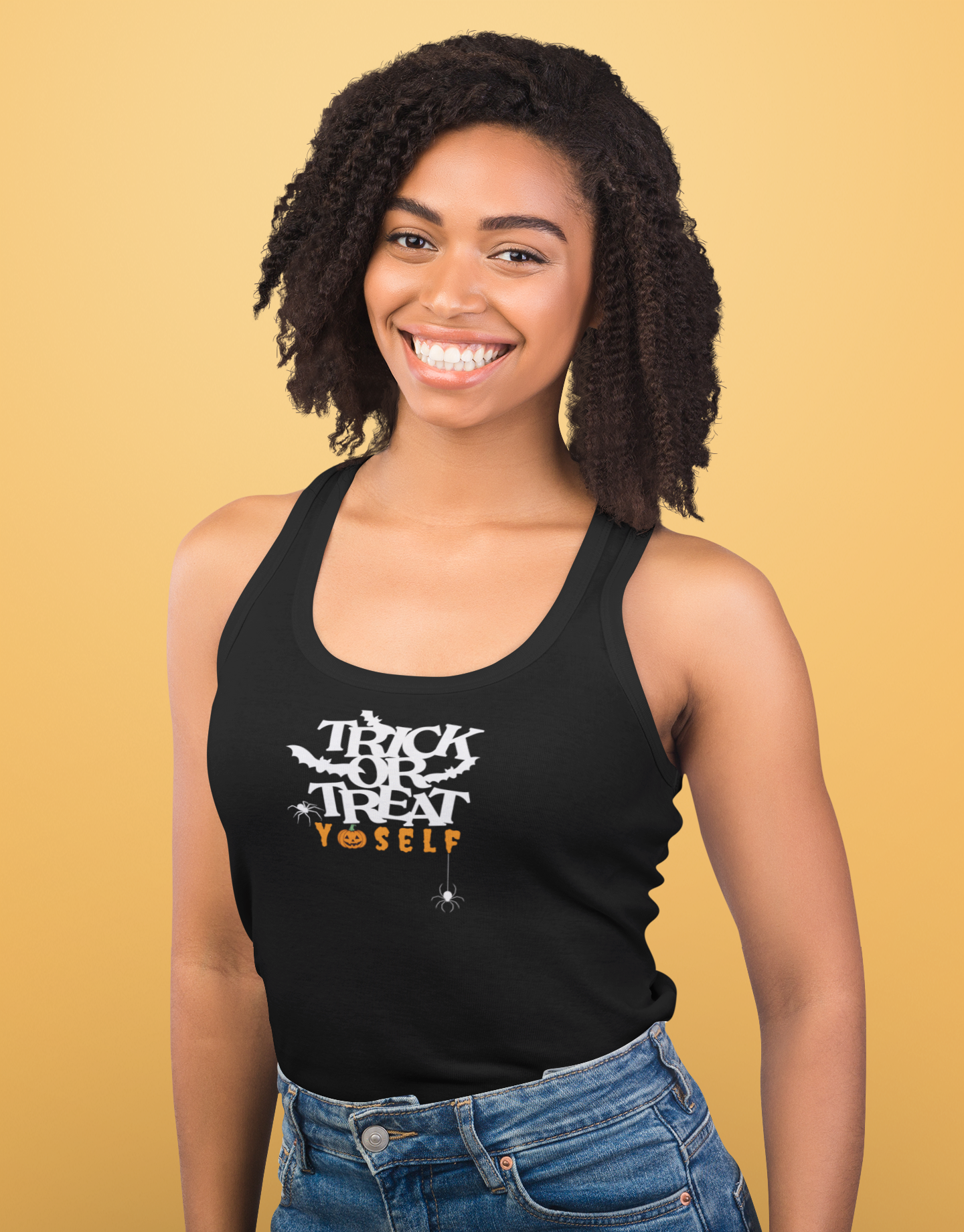 A black tank top featuring the phrase "Trick or Treat Yoself" with playful Halloween-themed elements like bats, spiders, and pumpkins, ideal for a spooky yet fun look.